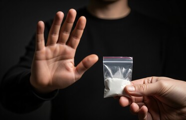 A white background image depicting drug refusal by hand, created to support the International Day Against Drug Abuse and Illicit Trafficking.