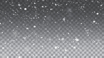 Snow and wind. Vector heavy snowfall. Glittering snowflakes in air on transparent background. Snow overlay effects. Snow background.