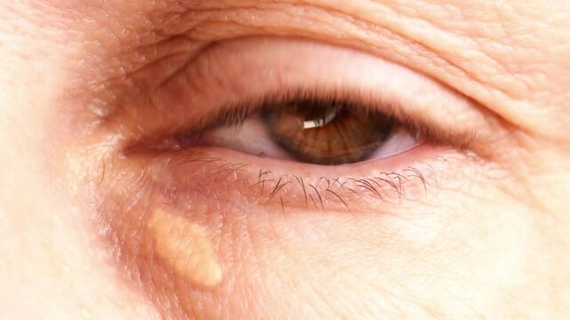 A man's left eye opens and closes in close-up.