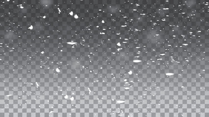 Frosty snowflakes falling on a transparent background. White dust png. Bokeh light lights effect background.