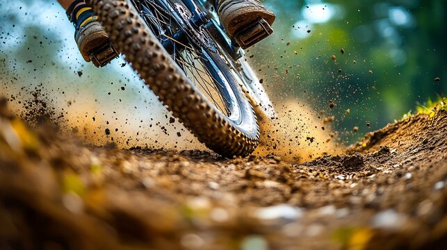 Mountain biker with dirt trail, and action.