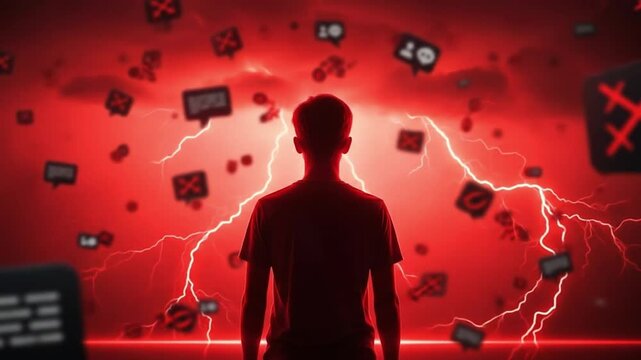 Cyber Bullying Symbolism with Notifications Attacking Teen Silhouette