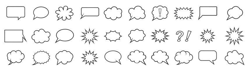 Collection of comic speech bubbles and explosive burst icons for creative design vector illustration