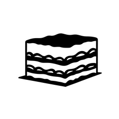 Minimalist black silhouette of tiramisu slice with distinct layers on white background