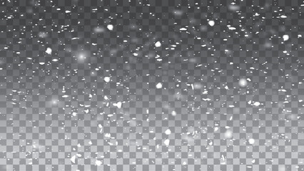 Falling  snowflakes in transparent beauty, delicate and small, isolated on a clear background. Snowflake elements, snowy backdrop. Vector illustration