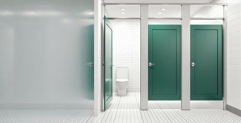 Clean public restroom interior with green stall doors and white tiled walls in modern minimalist design, featuring one open stall with visible toilet. Ai generative