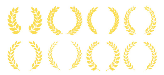 Vector green laurels set. Circular foliage laurels branches. Laurel wreath silhouette. Trophy crest. Greek olive branch award, winner round emblem Vector