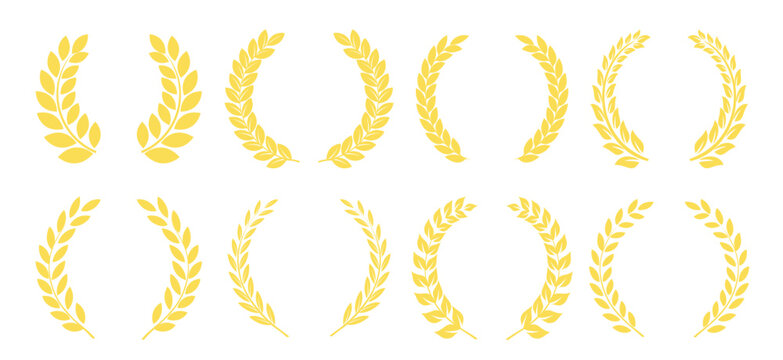Vector green laurels set. Circular foliage laurels branches. Laurel wreath silhouette. Trophy crest. Greek olive branch award, winner round emblem Vector