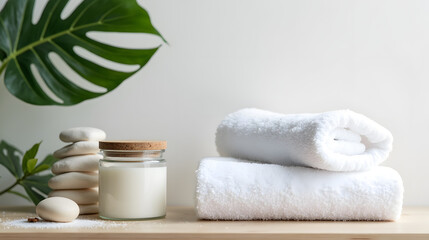 Minimalist spa setup with towel jar and plant leaf