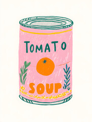 A simple and colorful illustration of a can of tomato soup