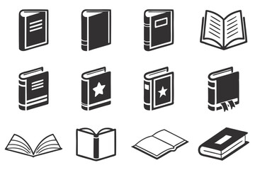 Collection of black and white vector illustrations depicting various books and reading materials