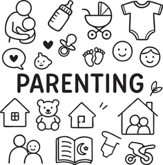 Parenting Doodle Vector – Hand-Drawn Black and White Family Icons with Heartwarming Typography