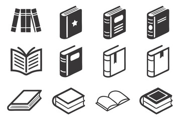 Set of illustrated book icons depicting education reading literature and knowledge