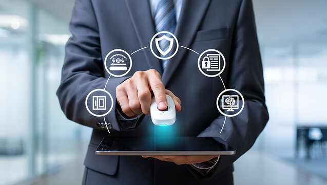 Business man using fingerprint scanner for secure data access and digital protection
