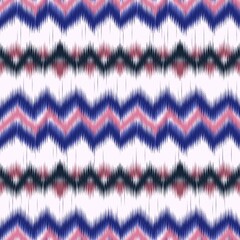 A seamless Ikat zigzag pattern in navy blue, pink, and black tones. This ethnic-inspired textile design is perfect for digital printing