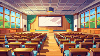 Empty lecture hall with wooden seats and a large screen at the front. The room is lit by natural light coming from the large windows.