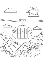 Black and White Line Art Cable Car Mountain Landscape Kids Coloring Page gondola mountains