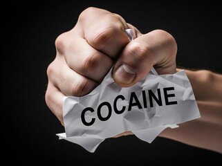 A hand crushing a paper with the word 'COCAINE', symbolizing the fight against drug abuse for the International Day Against Drug Abuse and Illicit Trafficking awareness campaign.