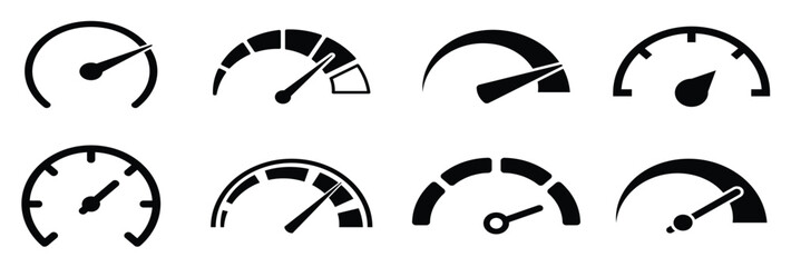 Speed signs. Speedometer black icons set. Speed indicators with arrows. Fast speed. Internet speed, gauge, dashboard, indicator, tachometer, scale. Credit score indicator. Risk levels meter icon