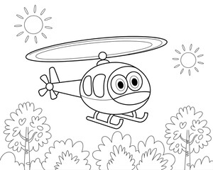 Black and White Line Art Cartoon Helicopter Flying Over Simple Trees and Suns Kids Coloring Page image