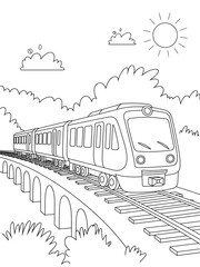 Black and White Line Art Cartoon Train Crossing Stone Arch Bridge Sunny Day Kids Coloring Page image 2