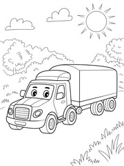 Black and White Line Art Cartoon Truck Coloring Page Sunny Day Landscape Kids Activity monochrome