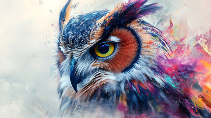 Abstract animal Owl portrait with colorful double exposure paint with