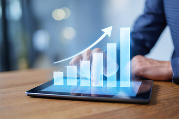 Businessman using a digital tablet to review financial growth chart and business data