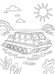 Black and white line art coloring page amphibious vehicle lake sunny day kids activity children