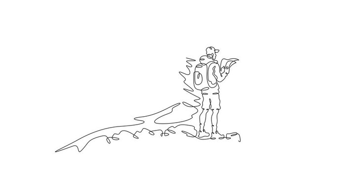 Self drawing animation of one continuous line.Tourist with a map in the mountains. Tourist with a backpack against the backdrop of a mountain landscape. Hand drawn animated illustration.