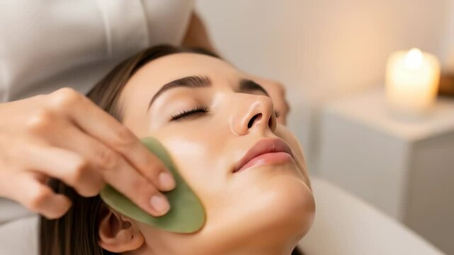 Woman getting facial massage with gua sha tool for skincare treatment. Beauty salon procedure for anti-aging and relaxation. Spa concept footage.