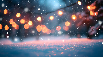 Obraz premium Abstract background Christmas lights in winter landscape with snow, lights bokeh