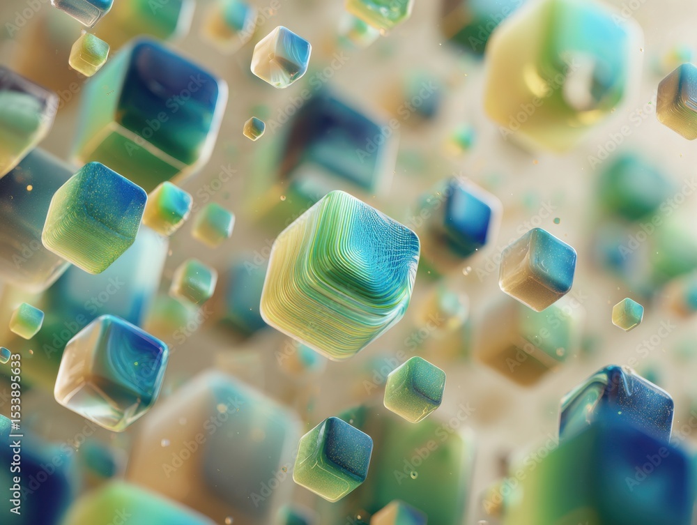 Poster a colorful image of many cubes in various sizes and colors. concept of chaos and disarray, with the 