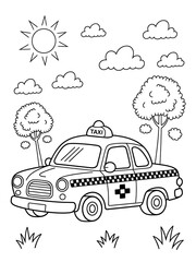 Black and White Line Art Coloring Page Classic Taxi Cab Cartoon Illustration Kids Coloring Book Simple Trees Sun Clouds