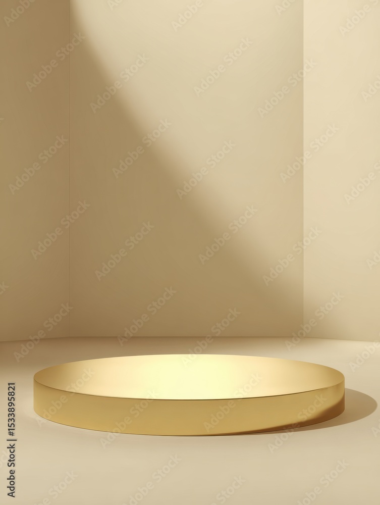 Poster a gold colored round table with a shadow on the wall behind it. the table is empty and the room is p