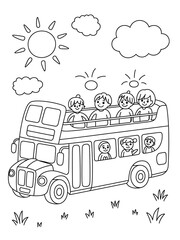 Black and White Line Art Coloring Page Double Decker Bus Kids Sun Clouds kids coloring page outline