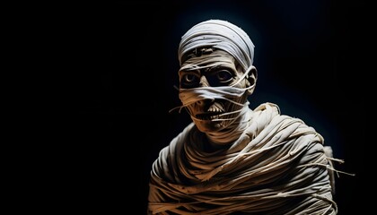 Halloween mummy wallpaper, scary egyptian mummy close up over a black background	