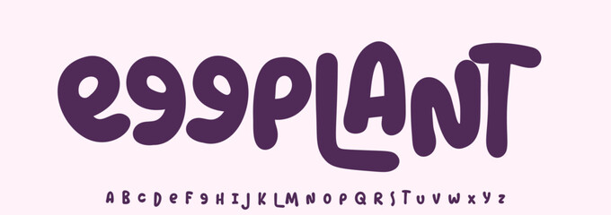 Summer Eggplant vegetable, joyful lettering, cartoon rounded typography. Childish font for friendly logo headline of culinary recipe book, sweets, ice cream. Food typographic design. Vector typeset.