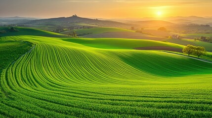 Panoramic view of rolling green fields at sunset