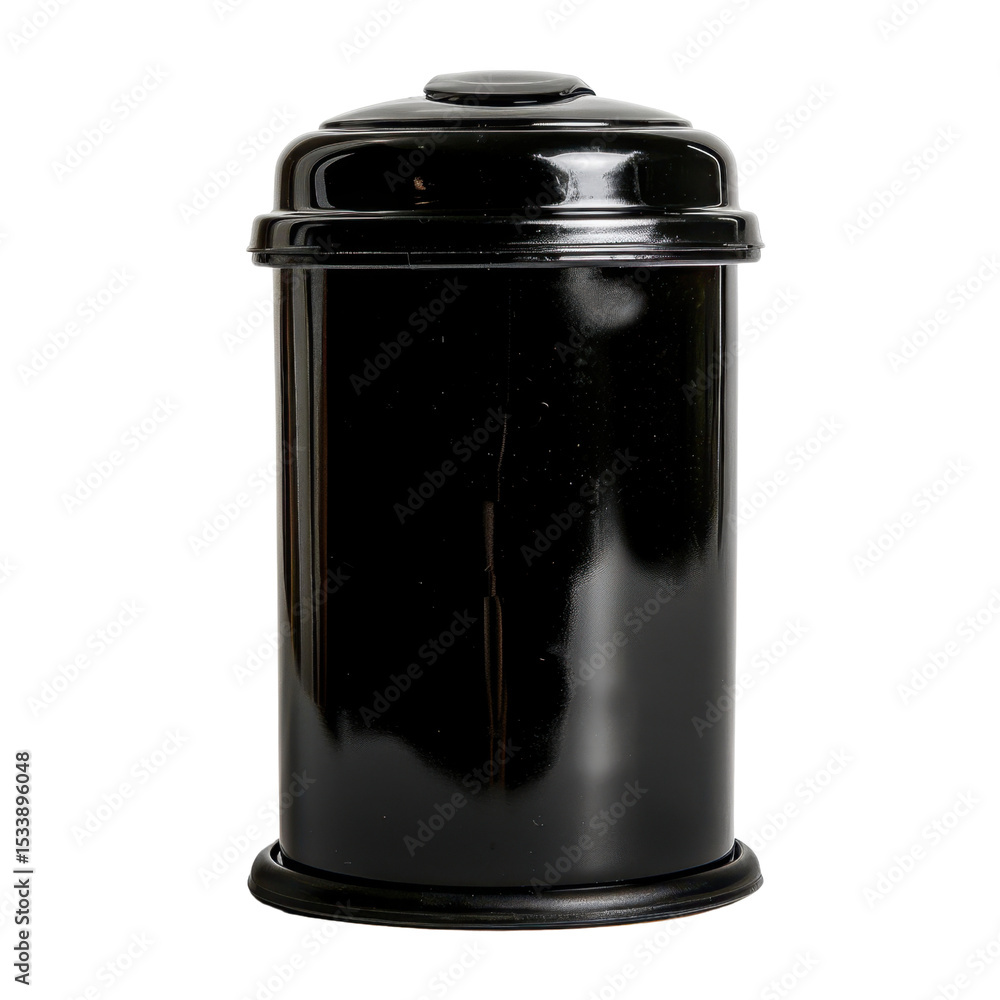 Poster sleek black trash can with rounded lid, designed for modern spaces, offering stylish solution for wa