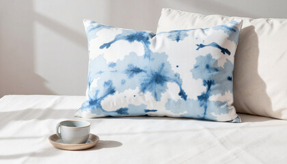 Decorative pillow with blue watercolor design on a bed with cup  