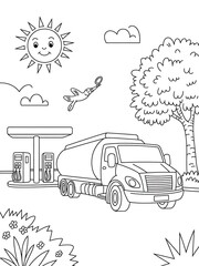 Black and White Line Art Coloring Page Fuel Truck at Gas Station with Sun Bird and Trees kids coloring page
