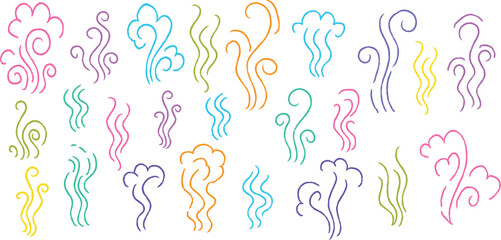 Smoke icon set. Hand drawn colorful smoke and steam icons. Crayon doodle style aroma lines for hot coffee, fire, incense, cooking scent, breeze, vapor swirl. Artistic vector sketch elements.