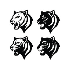 fierce tiger head illustrations in black and white, vector art, animal logo designs, aggressive tiger faces, wildlife graphics.