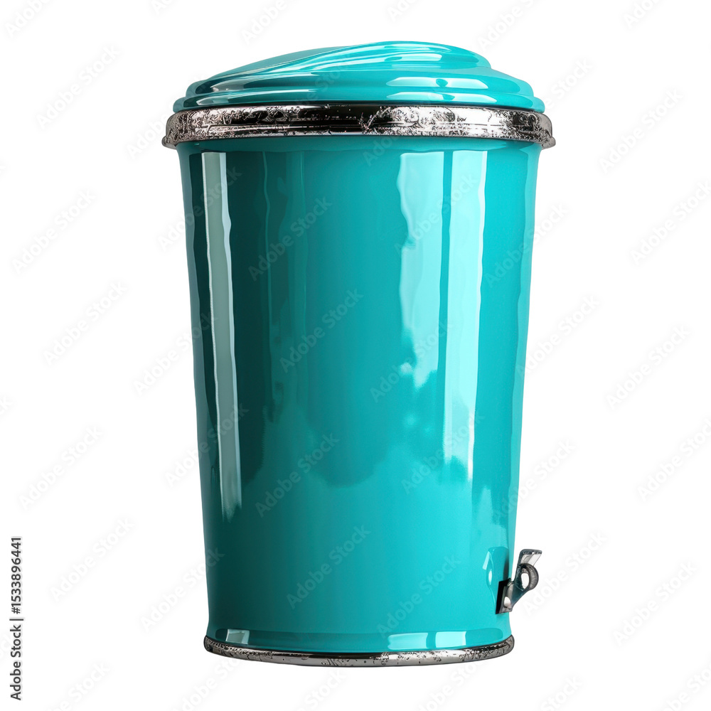 Poster shiny turquoise trash can with metallic lid, featuring pedal for easy opening. this stylish waste bi
