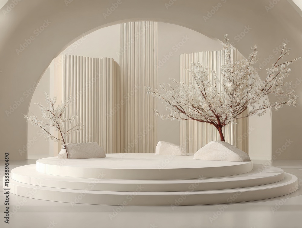 Poster a white room with a tree and a rock in the middle. the room is empty and has a minimalist design