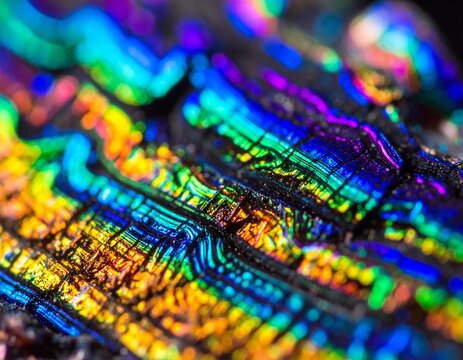 Detalhe macro de cristal de bismuto com padr&otilde;es coloridos e brilho