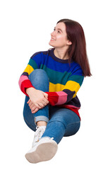 Casual young woman sitting on the floor and smile looking away daydreaming, Full body length portrait isolated on transparent background