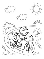 Black and White Line Art Coloring Page Motorcycle Racer Kids Activity Book Illustration motorbike rider