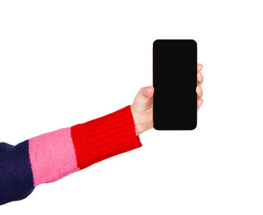 Woman hand holding a smartphone showing blank screen interface to camera. Empty display copy space for advertisement and marketing